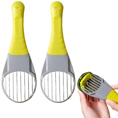2 PCS 3-in-1 Avocado Slicer Tool, Grey and Yellow Kitchen Gadget, Multi-Purpose Fruit Cutter with Pit Remover and Flesh Separator