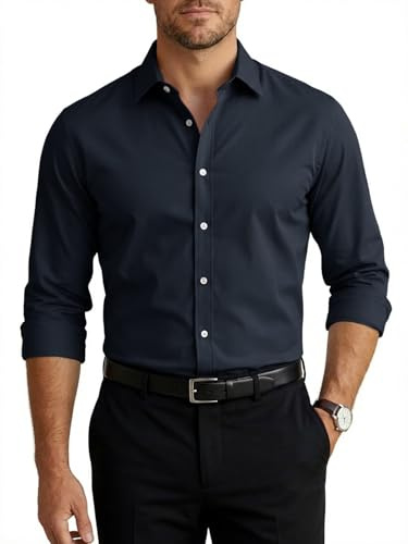 Runcati Herrskjorta, långärmad, stretch, businessskjorta, män, enfärgad, slim fit, fritidsskjorta, lätt strykning, kostymskjorta, button down-skjortor, Mörkblå, XXL