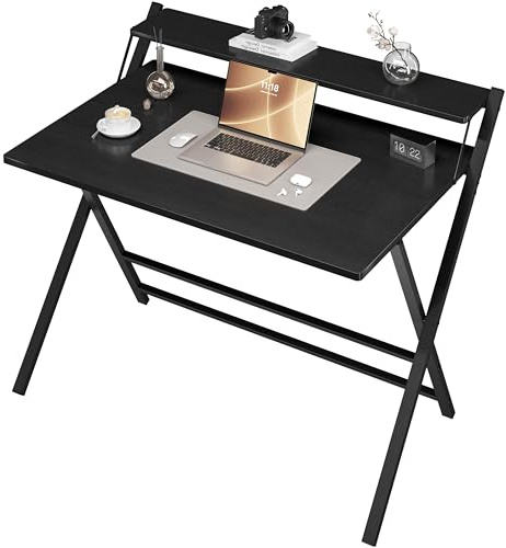Yaheetech Foldable Desk with Monitor Stand 100 cm | Computer Desk | Small Spaces | 2-Tier Folding Table | Home Office | School | Dormitory | Easy Assembly | Black