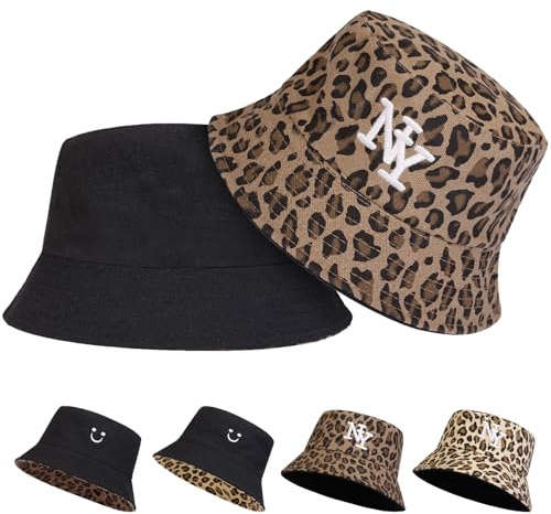 AUNGKWANG Leopardenmuster Fischerhut, Sonnenhut für Damen und Herren, Reversibel Fischerhüte, Fischerhut für Wandern Urlaub Camping Reisen Angeln
