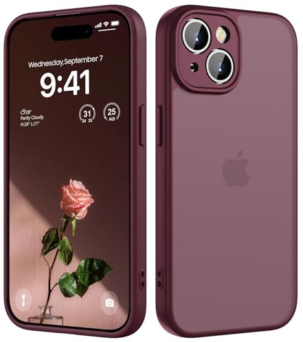 HGH für iPhone 15 Plus Hülle, Dunkel Rot | Vollständiger Kameraschutz Stoßfest Kratzfest Anti-Fingerabdruck Transluzente Rückseite Matt Handyhülle für iPhone 15 Plus