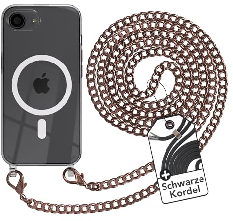 EAZY CASE - Handykette kompatibel mit iPhone 17e Kette zum Umhängen Stoßfest Handyhülle für iPhone 17e Silikon Hülle mit Band aus Metall Transparent als Fallschutz in Rosé-Gold