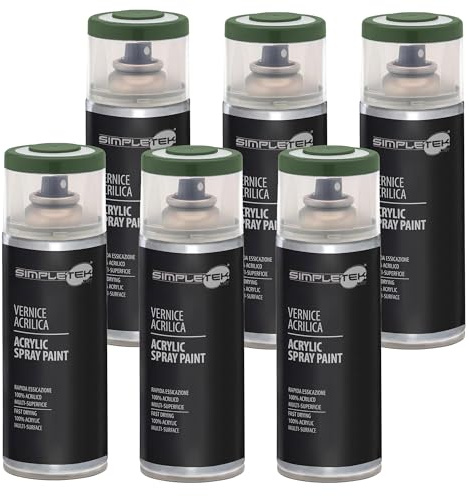 SIMPLETEK - 6X Bomboletta Vernice Spray Acrilico Verde Militare RAL 6003 Universale Multimateriale Rapida Asciugatura Interni Esterni 400ml (kit 6 pezzi)