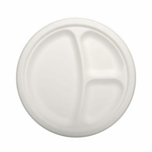 Einweggeschirr & Besteck 50 Stabile Teller, Zuckerrohr Pure 3-geteilt Ø 23 cm · 2 cm Weiss Menüteller