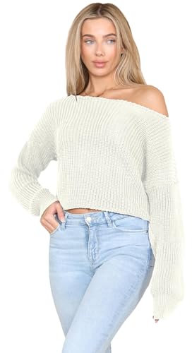 janisramone® Womens Long Sleeve Off Shoulder Jumper, Slash Neck Cable Knitted Cropped Pullover Sweater, Winter Oversized Baggy Ladies Jumpers Cream