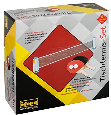 Idena 40204 - Set de Tenis de Mesa con Red, Dos Palas y Dos Pelotas, para Montar fácilmente sobre tableros de Mesa, óptimo para Llevar, de Vacaciones o en el jardín