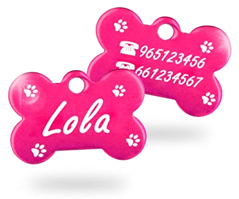 Ibera Gifts - Chapa Perro Grabada en Forma de Hueso, Placa Perro Personalizada para Perros y Gatos Muy Pequeños o Cachorros, Tamaño 22 x 15 mm, Chapa Identificativa Perro y Gato (Patas - Fucsia)