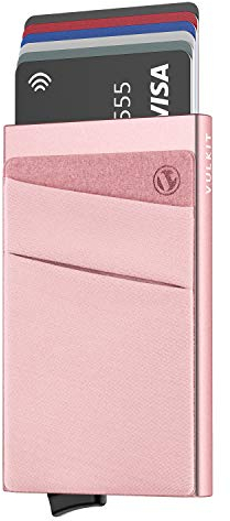 VULKIT Card Holder with Money Pocket Pop Up Wallet RFID Blocking Slim Metal Bank Card Case Holds 5 Cards and Notes (Rose Gold)