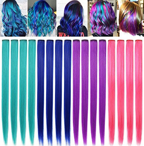 FYHTSD Extensions de cheveux colorés pour filles, bleu, rose, violet, bleu sarcelle