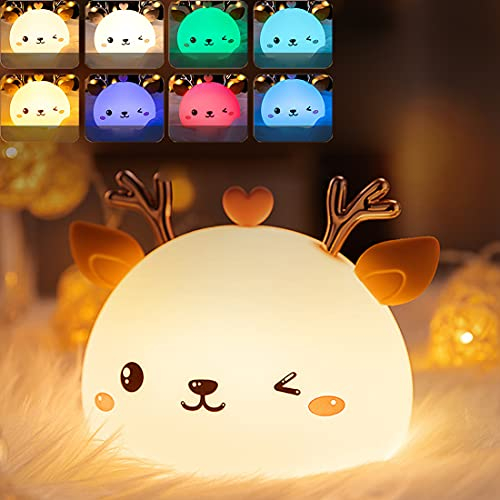 LANMOU Veilleuse Bébé Veilleuse Enfant, 2W Veilleuse Bebe Rechargeable en Forme de cerf, Lumière Douce & 7 Couleurs, 2400mAh, Silicone Sécurisé, Idéal pour Chambre et Cadeau