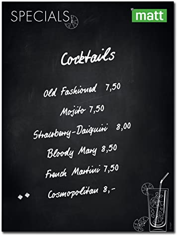 SIGEL GL276 Premium Glas-Magnettafel 120x90 cm Happy Hour, Menütafel schwarz, matt - nicht spiegelnd, SGS geprüft, einfache Montage, incl. 2 starke Magnete, Artverum