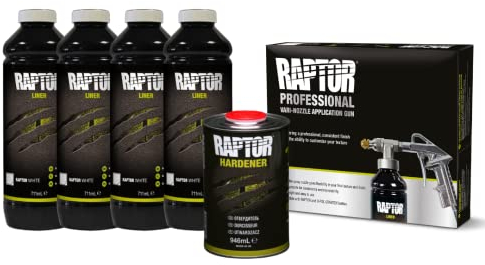 U-POL Raptor Rivestimento Protettivo Kit, 4 Bottiglie 3,79 Litri (Incluso indurente), Bianco con Pistola Raptor Professional Vari Nozzle