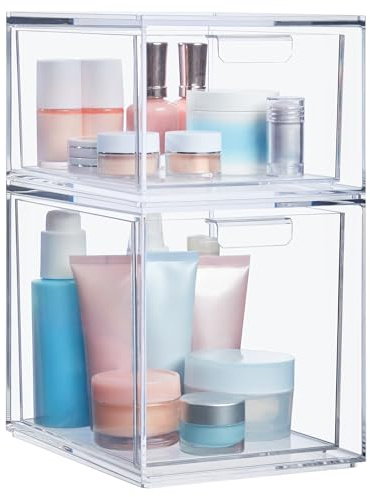 STORi Audrey Stackable Clear Bin Plastic Organizer Drawers | 2 Piece Set | Organize Cosmetics and Beauty Supplies on a Vanity | Made in USA