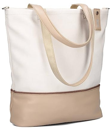 Zwei Damen Shopper JANA J145 Tote Bag 10 Liter, Bicolor Einkaufstasche im Canvas-Stil, weiches Kunstleder, Laptopfach, Schlüsselband, Reißverschluss-Fach, zusätzlicher langer Umhängegurt (oat)
