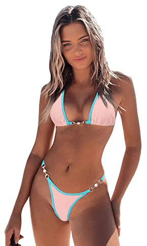 GORGLITTER Bikini Damen Neckholder Set Triangel Bikini Sexy Badeanzug Zweiteiliger Badeanzug Bikini Mit Ring Bademode Swimsuit Rosa L
