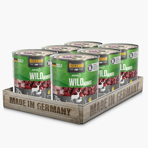 BELCANDO Baseline Nassfutter für Hunde, Wild & Ente, 6X 800g Dose, 70% Fleisch für ausgewachsene Hunde, Hundefutter nass ohne Getreide, Made in Germany