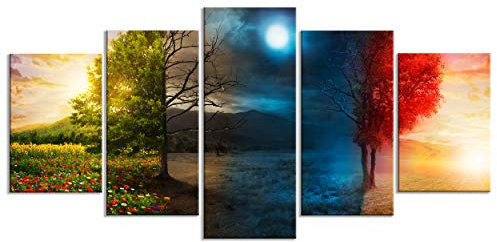 decomonkey - Tableau Acoustique Paysage 225x112.5 5 Pièces - Impression sur Toile Décoration Maison Isolation Phonique Déco Bureau Arbres automne coloré paysage prairie été printemps hiver