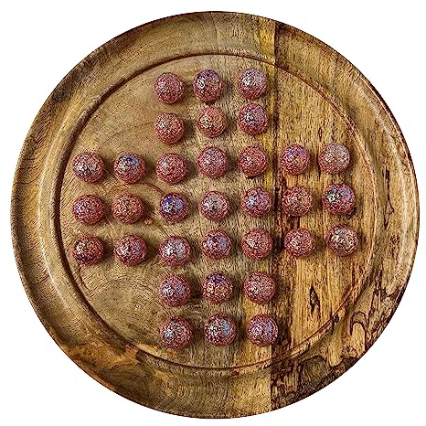 30 cm Durchmesser Mango-Holz-Solitär-Brettspiel mit funkelnden Prinzessinnen-Glasmurmeln, klassisches Solitärspiel aus Holz, Strategie-Brettspiel, Familien-Brettspiel, Spiele für einen, Brettspiele