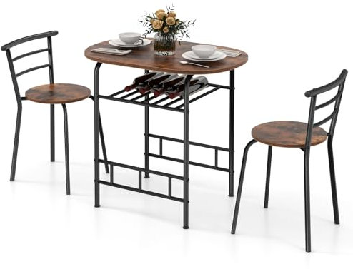 COSTWAY Premium 3 Piece Dining Set, Breakfast Table and 2 Chairs with Metal Frame and Shelf Storage, Compact and Modern Design for Kitchen, Living Room, Office, Bars and Apartment (Brown+Black)