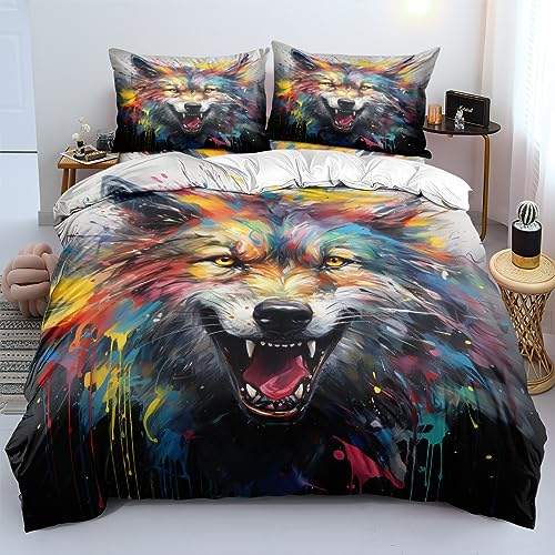 Gnomvaie Bettwäsche 135x200cm Tier 3D Wolf Bunt Bettbezug Weich Mikrofaser mit Reißverschluss und Kissenbezug 80x80cm