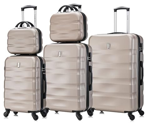 CELIMS - 5-teilige Koffersets | Kabinenkoffer + Mittlerer Koffer + Großer Koffer + 2X Kulturbeutel | Koffer-Set | Champagner