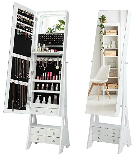 GOPLUS Armoire à Bijoux avec Miroir, 2 en 1 Armoire a Bijoux sur Pied avec Rangement, Lumière LED, Étagère Pliable et 4 Tiroirs, Organisateur de Bijoux 3 Angles Réglables pour Femmes Filles (Blanc)