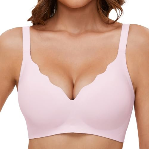 GXOULRRA V Ausschnitt BH Damen ohne Bügel Softschalen Bustier High Elastizität BHS Tshirt Bügelloser mit zusätzlicher Verlängerung Rosa L