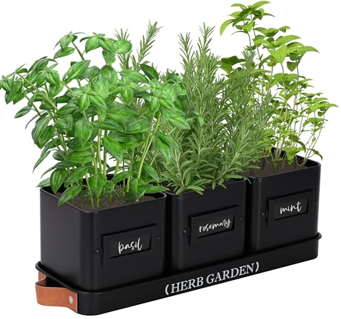 PERFNIQUE Kräutergarten für den Innenbereich, Kräuter-Pflanzgefäß-Set mit Tablett, Bauernhaus, Zimmerpflanzentöpfe, Fensterbank, Kräutergarten mit Drainage (nur Pflanzgefäß) für Innen- und