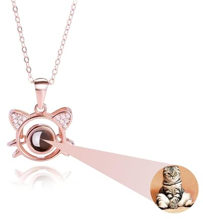 AVINVAN Cat Ornaments Photo Necklace 925 Sterling Silver Personalised Projection Necklace with Picture Inside Customised Memorial Locket Pet Present for Cat Lovers Women Girls