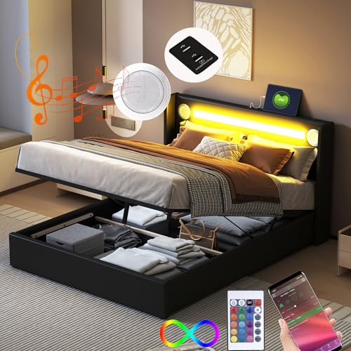 Bett 140x200 mit LED und USB und Bluetooth-Player, Polsterbett 140x200 mit Stauraum und Kopfteil, Doppelbett mit Lattenrost und Bettkasten, Jugendbett Stauraumbett mit PU-Leder Bettgestell Schwarz