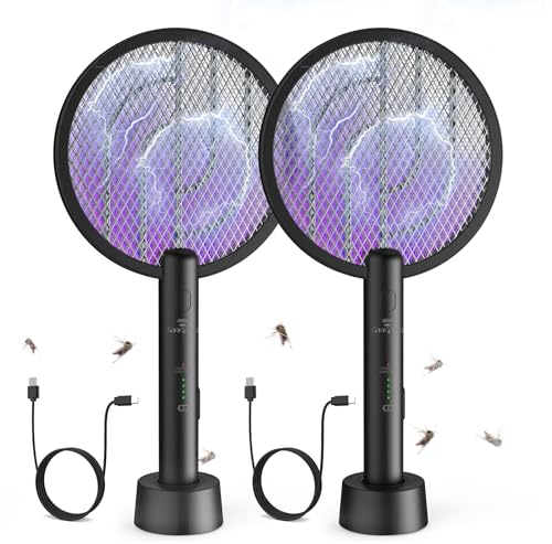 GooQand 2PCS Mata Mosquitos Electrico 4000V, Raqueta Mosquitos Electrica USB con Base de Carga, Matamoscas Protección de Malla de 4 Capas, Protección Eficaz Anti Mosquitos(Negro)