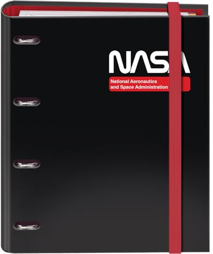 Dohe - Ordner mit 4 Ringen mit Nachfüllung, 100 Blatt, A4, Gummiverschluss, 4 farbige Trennblätter, Dokumententasche, Papier 90 g/m², Kompressor, Schulmaterial - NASA Black - Schwarz