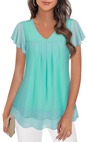 Syphiby Summer Tops for Women UK Chiffon Blouses for Womens UK Floaty Top for Women Ladies Short Sleeve Tunic Blouse Chic Tops for Womens Elegant Floral Top Flowy Pleated Front Shirts Party
