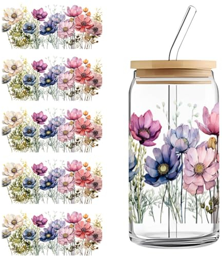 UV DTF Transfer Sticker, 5 Blätter UV DTF Cup Wrap Transfer-Aufkleber für Glasbecher Wasserfeste Tassen Aufkleber Rub on Transferaufkleber für Kaffeetasse Glas Flaschen Laptop Dekor