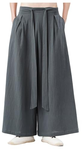 Mymyguoe Japanese Soft Yoga Trousers Men's Ice Silk Hakama Kung Fu Trousers Hakama Kung Fu Trousers Made of Ice Silk for Men with Wide Hem Wushu Kimono Chinese Wide Trousers Hip Hop Baggy Trousers,