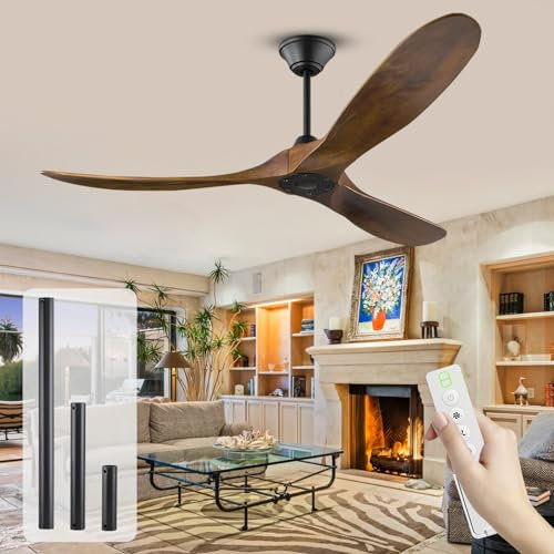OUENGK 152 cm Deckenventilator aus Holz ohne Beleuchtung mit Fernbedienung, Deckenventilatoren rustikaler Terrassenventilator wasserdicht mit sechsstufigem reversiblem DC-Motor