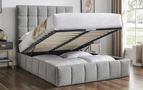 Save On Goods UK Grey,Ottoman Lift Up Storage Tall Headend Boucle Soft Fabric Upholstered Bed Frame (4ft6 Double)