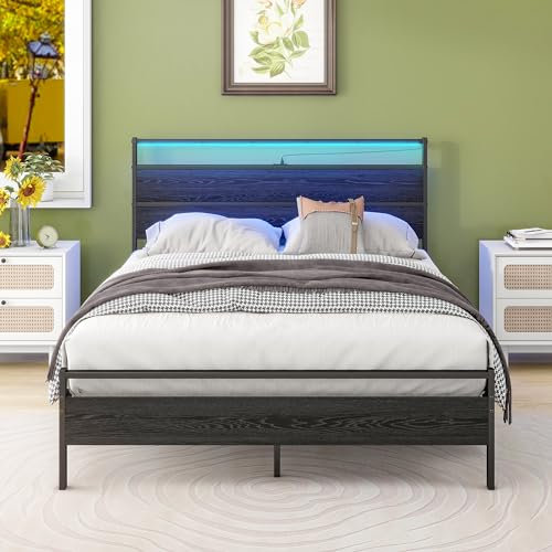 HOJINLINERO Metallbett Bettgestell 120x200 mit LED Beleuchtung und USB Typ C,Bett 120x200 mit Lattenrost,Bettrahmen aus Metall Holz,Doppelbett Gästebett Jugendbett 120x200,Robust Bed Frame,Schwarz