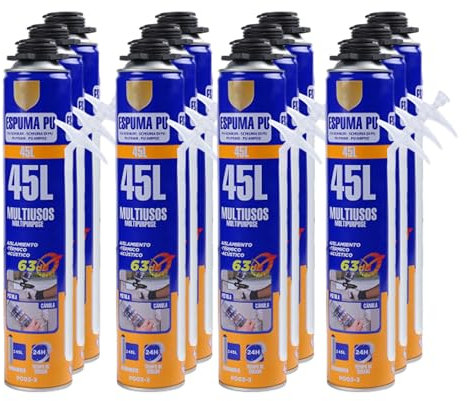 Espuma de Poliuretano de Alta Expansión Multiuso, 750 ml, con Cánula - Aislamiento Efectivo Contra Calor, Frío, Corrientes de Aire, Ruido y Humedad - Pack de 12 Unidades