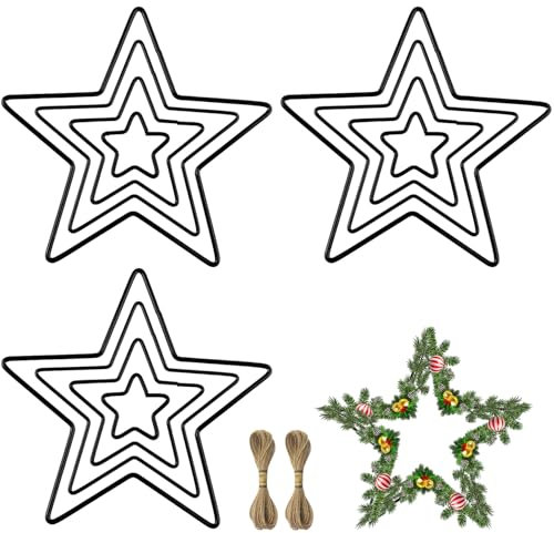 JINXIAN 12 Stück Schwarz Metallringe zum Basteln ø 5cm 10cm 15cm 20cm Kranz Rohling mit 2 Hanfseilen Deko Stern für DIY Festtags Hochzeits Traumfänger Blumenschmuck