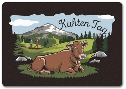 speecheese Friedliche Berglandschaft Kuhten Tag Fußmatte in 35x50 cm ohne Rand Perfekt für Wanderer braune Kuh mit Glocke grüne Wiesen Nadelwald
