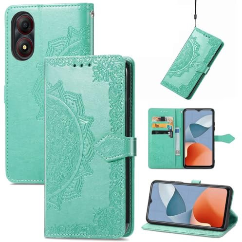 SATURCASE Custodia a portafoglio per ZTE Blade A34, in pelle PU, con motivo mandala in rilievo, chiusura magnetica, scomparti per carte di credito, con cinturino da polso per ZTE Blade A34 (HF-verde)