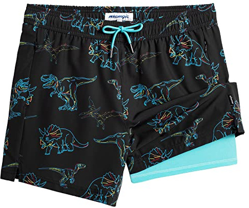 maamgic Maillot de Bain pour Hommes avec Compression Short de Bain 2 en 1 | 5.5 Séchage Rapide Short de Natation décontracté Boardshorts avec Pantalon intérieur et Poche,5.5 Dino Noir Bleu Royal,XXL