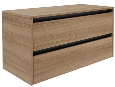FACKELMANN Vita Waschbeckenunterschrank Summer Oak, 100cm, 2 Schubladen mit Soft-Close, Grifflos, Schwarze Blenden, Ideal für Aufsatzwaschbecken, Made in Germany