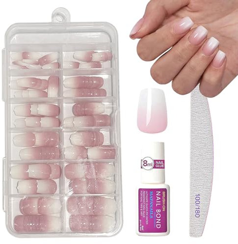 French False Nails - 120pcs Short Square Press on Nails - Natural Gradient Pink Fake Nails with Glue - 12sizes,Glossy,Full Cover Elegant Design Acrylic Nail for Women Girls