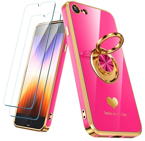 Nonional Compatible for iPhone SE/8/7 Case with 2 Pack Screen Protector, 360° Rotatable Ring Holder [Luxury Hearts Pattern] Plating Gold Edge Slim Soft Phone Case for iPhone SE/8/7 - Hot Pink