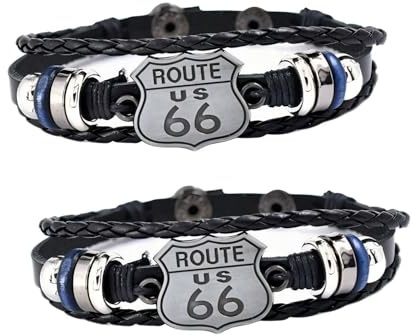 ZENRUIMING 2 Stück American Route 66 Lederarmband, handgewebt, klassisch, historisch, Mutter, Straße, amerikanisches Rennrad, Biker-Armband, verstellbar, Leder, kein Edelstein, Adjustable, Leder, Kein