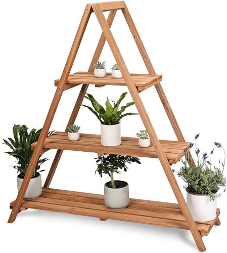 needs&wants® Großer Pflanzenständer Blumenständer Pflanzenregal Blumentreppe Blumenregal XL aus Holz wetterfest für Outdoor Indoor Balkon Garten draußen innen Wand, 115 x 37 x 123 cm hoch, braun