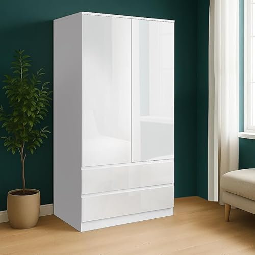 Blisswood 2 Door & 2 Drawers Bedroom Wardrobe – High Gloss Wooden Wardrobes with Hanging Rail | Sleek Bedroom Furniture for Modern Homes, White