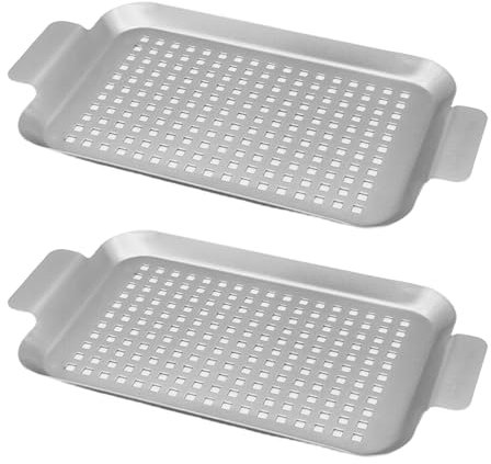 Miayical Grillschale 33 x 19 cm aus Edelstahl für Gemüse, Fleisch und Fisch, Gemüsekorb für Gas-, Elektro- und Holzkohlegrill, Fisch Grillkorb und Grillschale für Spieße verwendbar, 2er-Pack